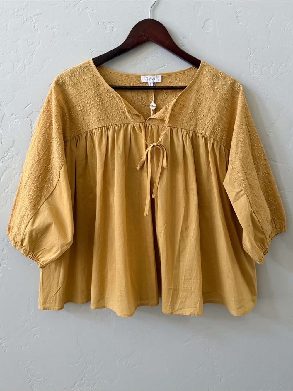 Bohme Womens Mustard Embroidered Peasant Top Size L Cotton Babydoll Boho NWT - Picture 2 of 9